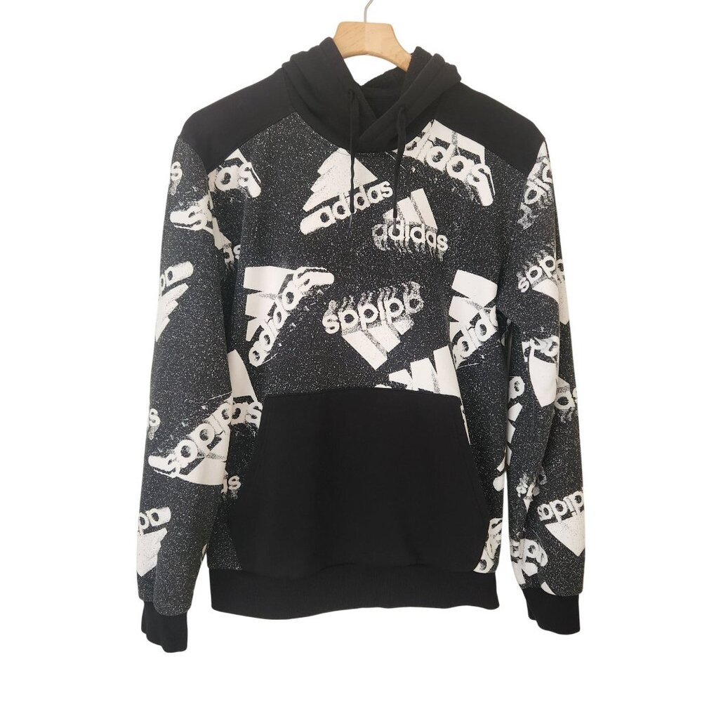 Adidas Black & White Pullover Hoodie Logo Print Comfy Casual Athletic Sporty - Picture 1 of 6